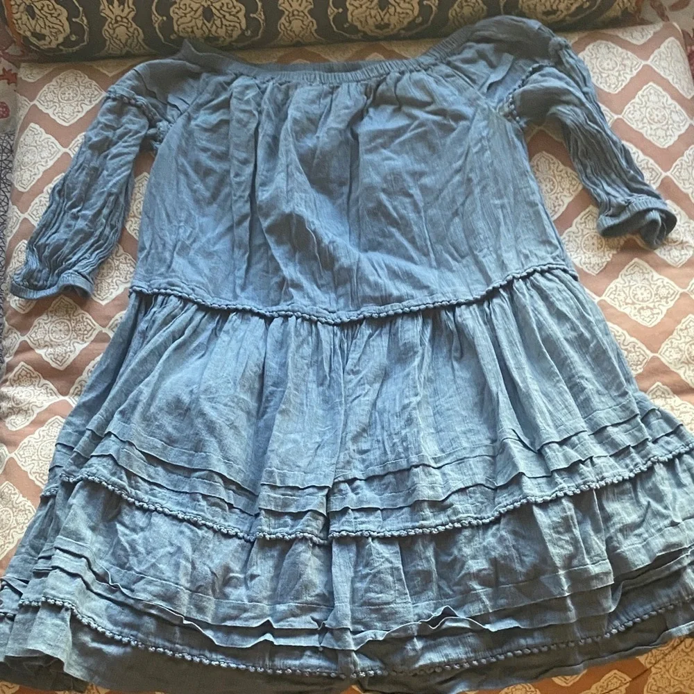 Polo Ralph Lauren Girls Blue Cotton Ruffled Chambray Dress Lined Mini size 12